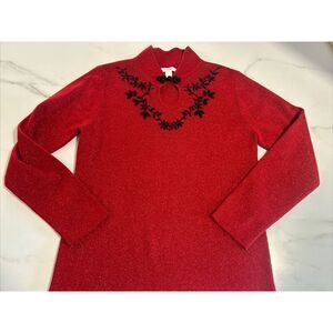 Dress Barn Sweater Womens Large Red Top Blouse Floral Glitter Ladies Sparkle